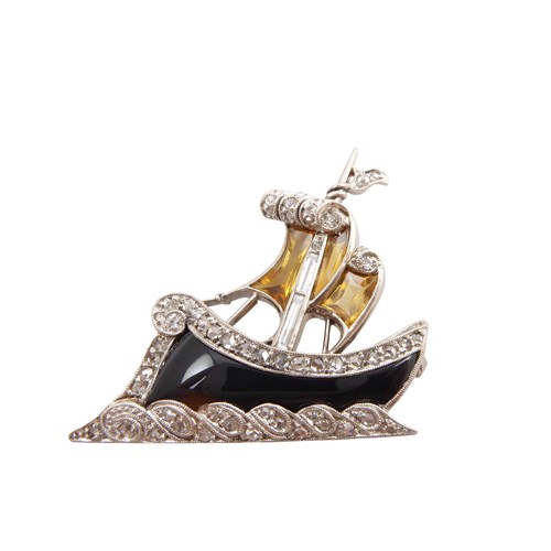 Art Deco diamond, onyx and citrine galleon sail boat brooch, modelled sailing with verve through diamond set waves,